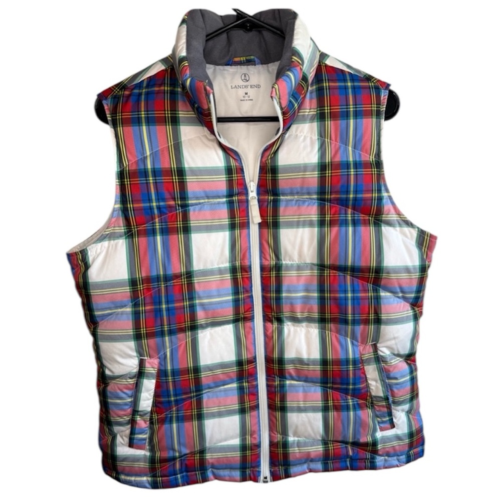 Lands' End Plaid Puffer Vest Full Zip Size M Down Filled Red‎ Blue White